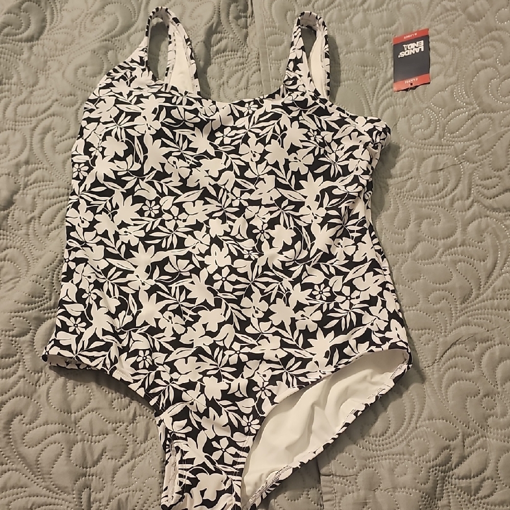 New with tags. Lands' End Black and White Floral One Piece Swimsuit